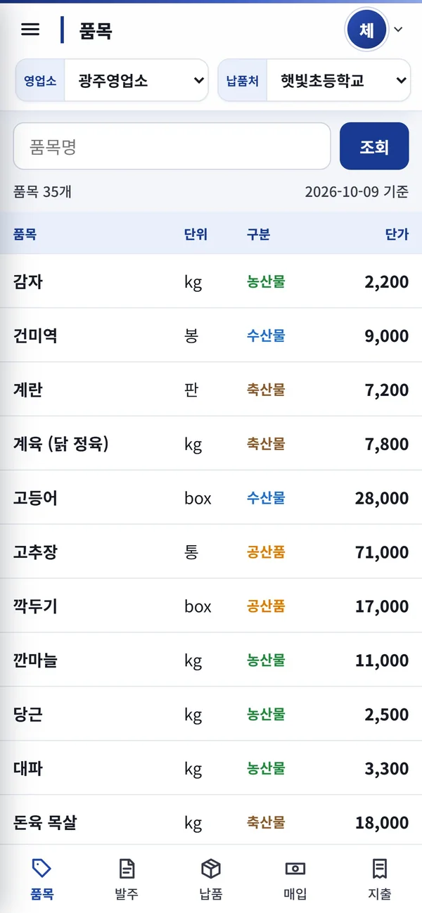 휴대폰 품목·단가 조회
