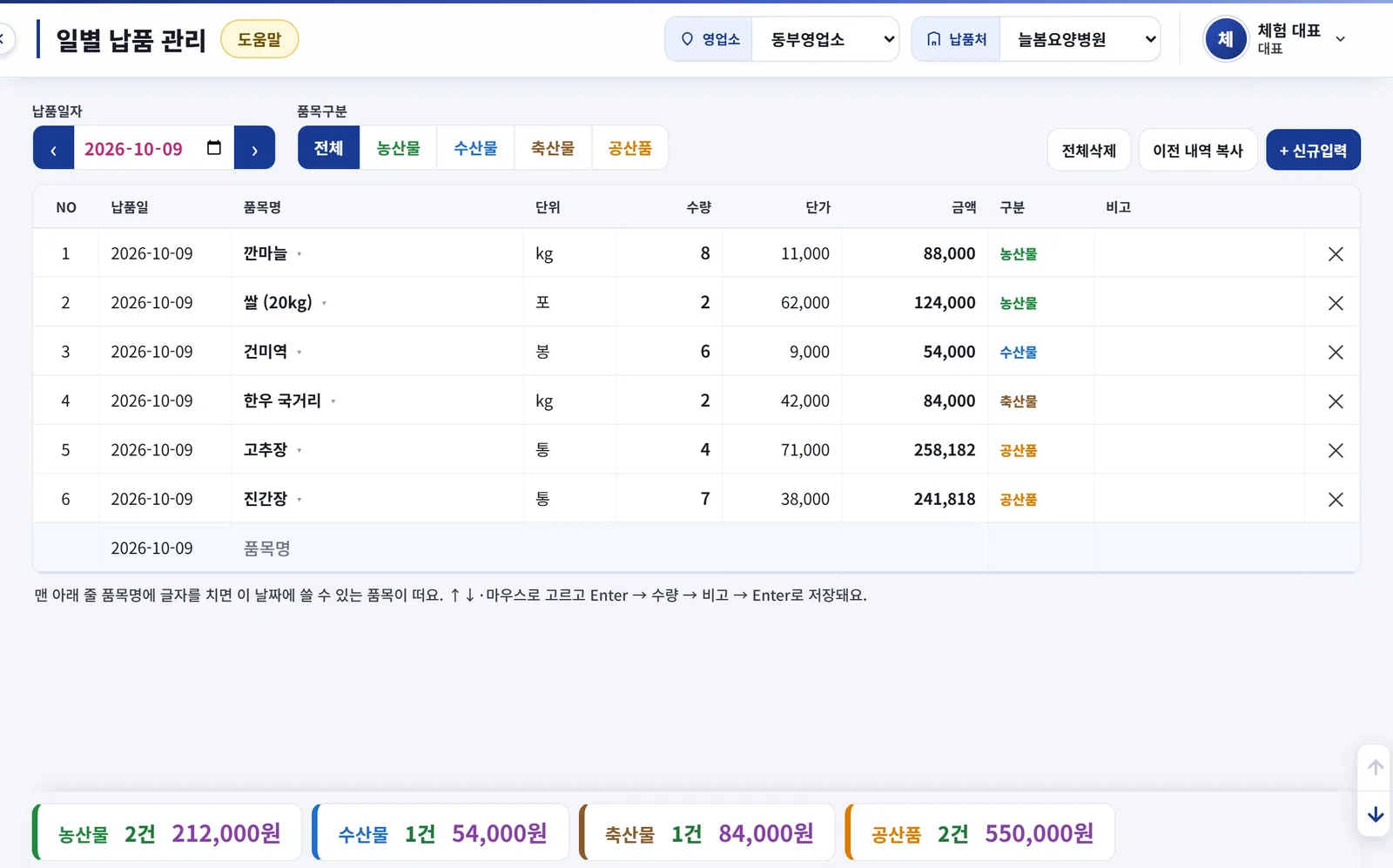 일별 납품 관리 화면
