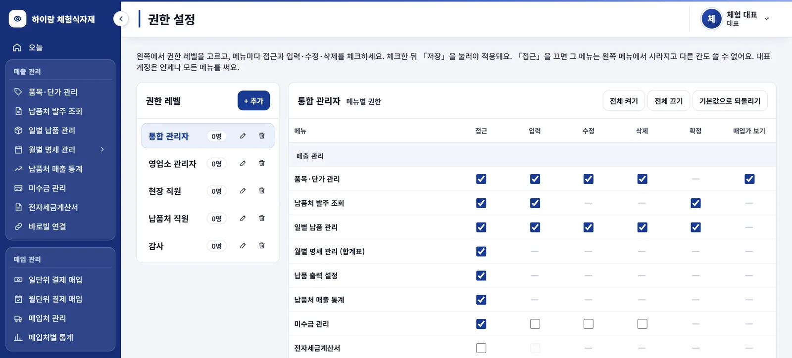 권한 설정 — 메뉴별 접근·입력·수정·삭제·확정·매입가 보기