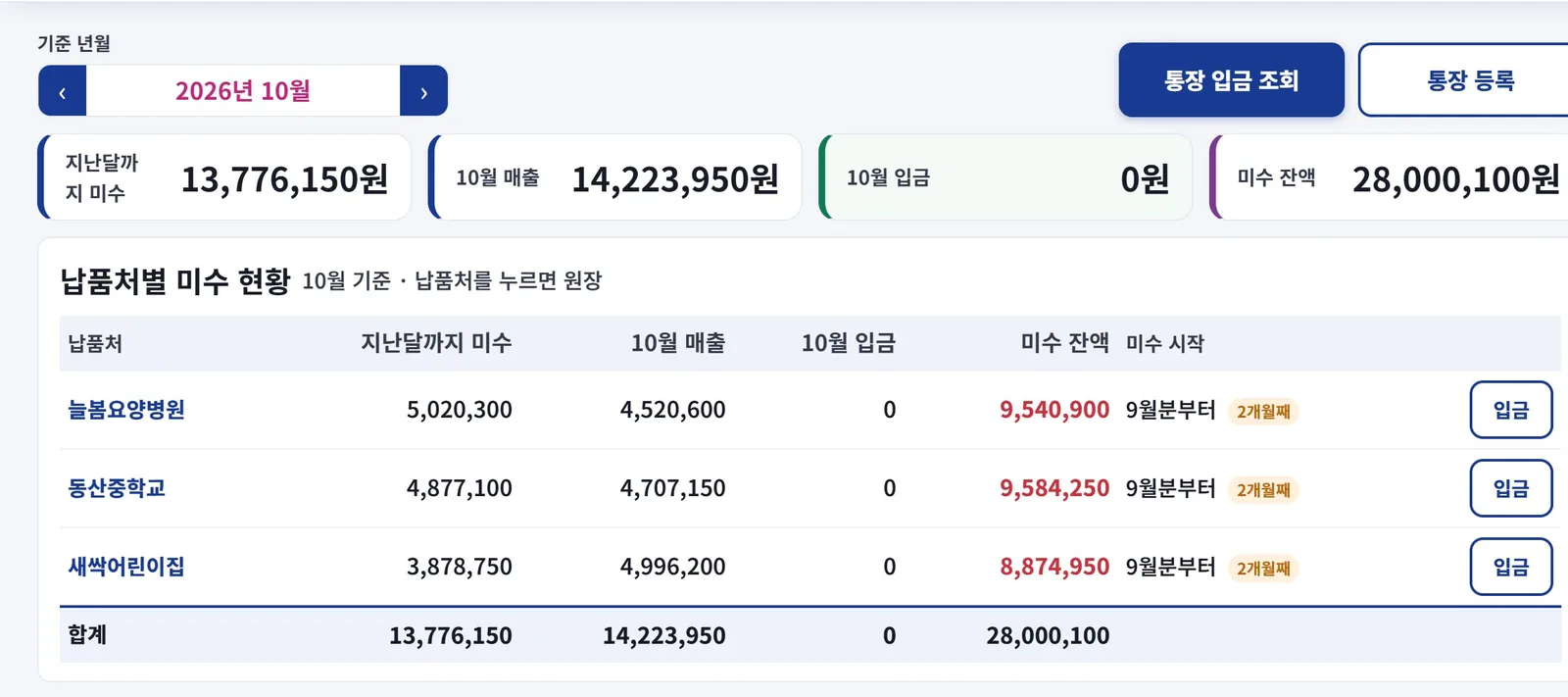 미수금 관리 화면