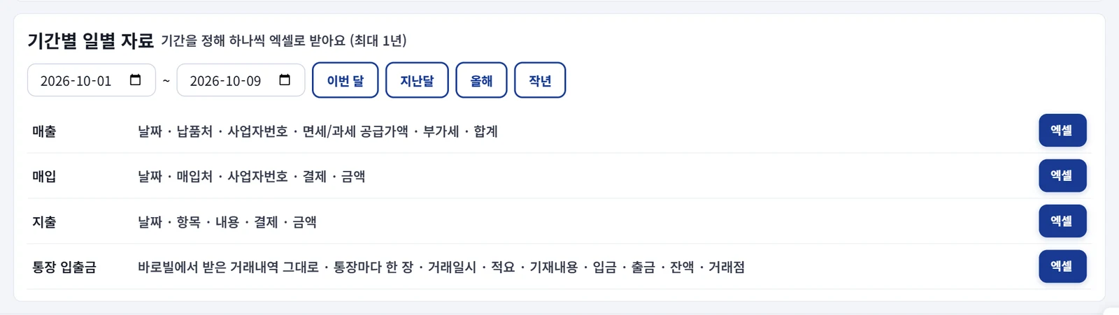 세무 자료 — 기간을 정해 매출·매입·지출·통장 입출금을 엑셀로 받는 실제 화면